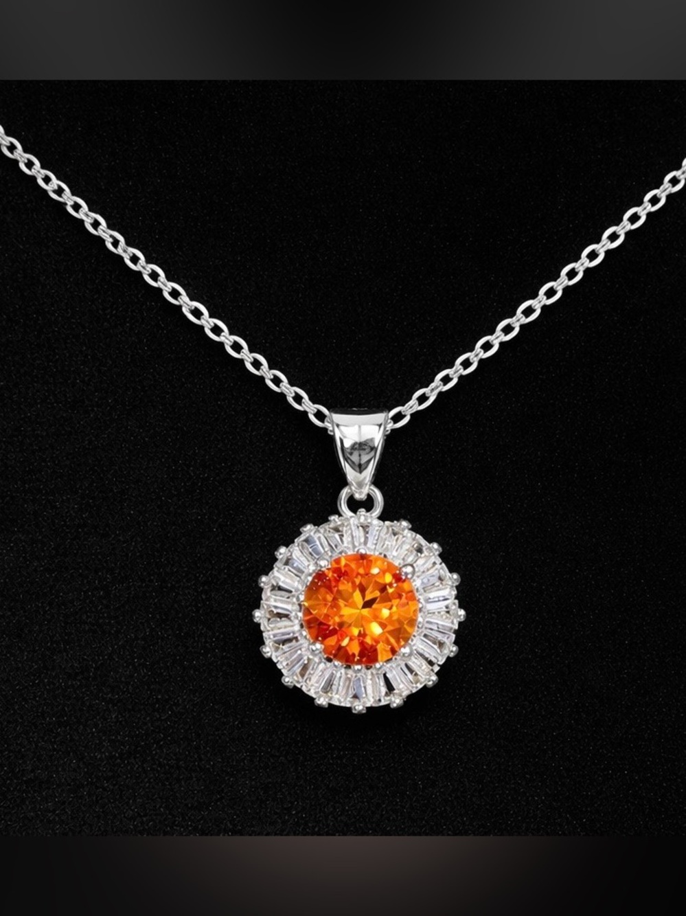 1Ct Fanta Orange Moissanite w Clear Baguette Accents Starburst Necklace | NIB